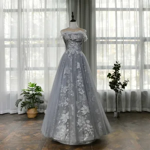 High End Grey Prom Dresses 2020 A Line Princess Strapless Sleeveless Feather Beading Sequins Glitter Tulle Floor Length Long Ruffle Backless Formal Dresses