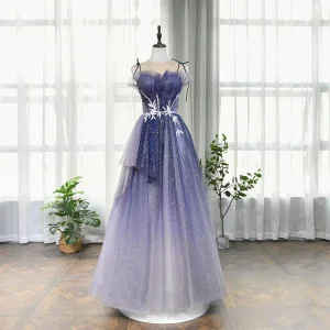 Elegant Royal Blue Dancing Prom Dresses 2020 A Line Princess Spaghetti Straps Sleeveless Beading Sequins Glitter Tulle Floor Length Long Ruffle Backless Formal Dresses