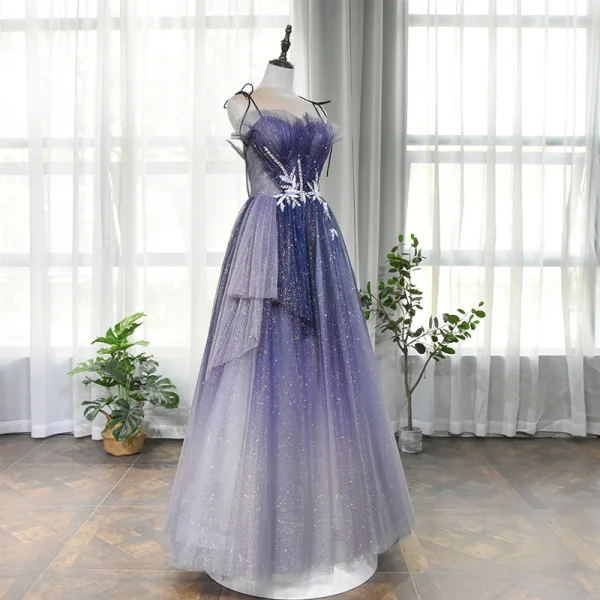Elegant Royal Blue Dancing Prom Dresses 2020 A-Line / Princess Spaghetti Straps Sleeveless Beading Sequins Glitter Tulle Floor-Length / Long Ruffle Backless Formal Dresses