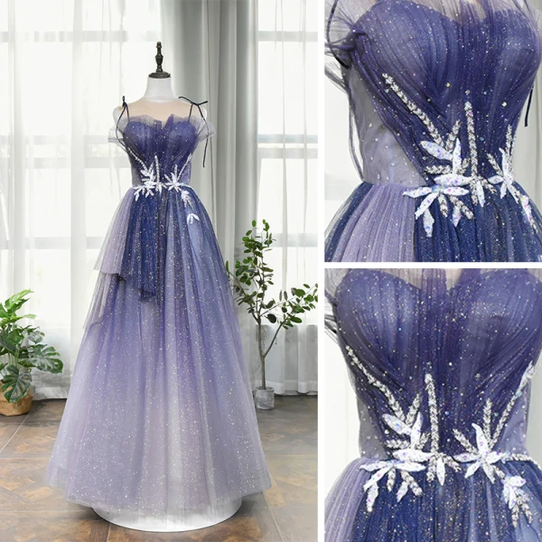 Elegant Royal Blue Dancing Prom Dresses 2020 A-Line / Princess Spaghetti Straps Sleeveless Beading Sequins Glitter Tulle Floor-Length / Long Ruffle Backless Formal Dresses