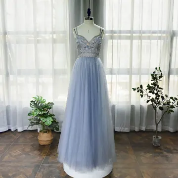 High End Sky Blue Dancing Prom Dresses 2020 A Line Princess Spaghetti Straps Sleeveless Beading Rhinestone Floor Length Long Ruffle Backless Formal Dresses