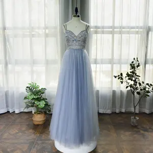 High End Sky Blue Dancing Prom Dresses 2020 A Line Princess Spaghetti Straps Sleeveless Beading Rhinestone Floor Length Long Ruffle Backless Formal Dresses