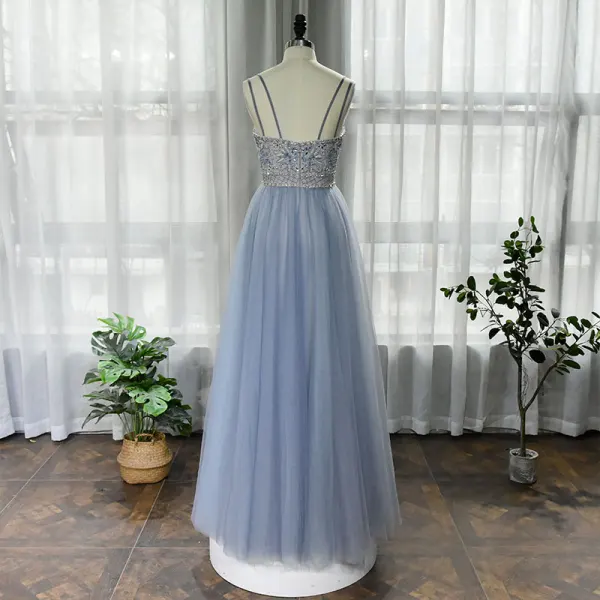 High End Himmelblau Tanzen Ballkleider 2020 A Linie Spaghettiträger Ärmellos Perlenstickerei Strass Lange Rüschen Rückenfreies Festliche Kleider