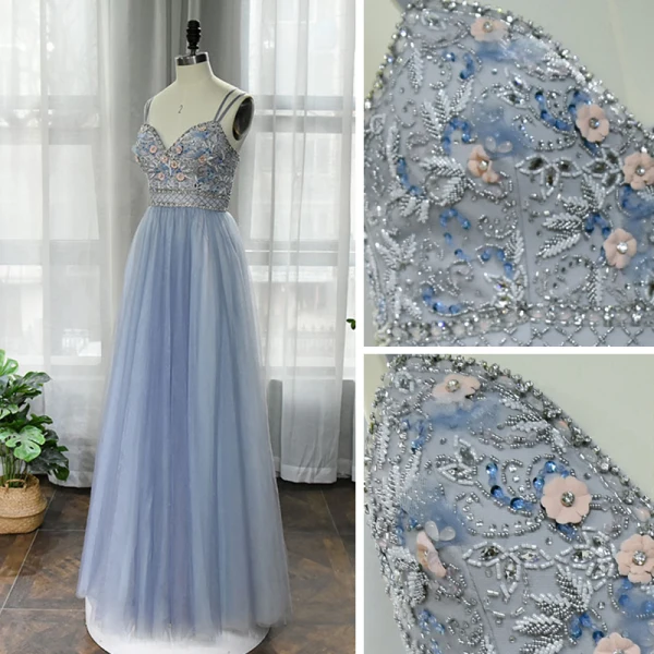 High End Himmelblau Tanzen Ballkleider 2020 A Linie Spaghettiträger Ärmellos Perlenstickerei Strass Lange Rüschen Rückenfreies Festliche Kleider