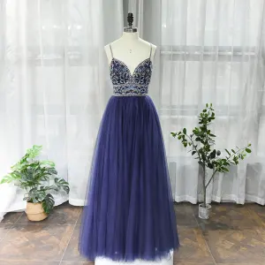 High End Mørk Marineblå Dancing Ballkjoler 2020 Prinsesse Spaghettistropper Uten Ermer Beading Rhinestone Lange Buste Ryggløse Formelle Kjoler