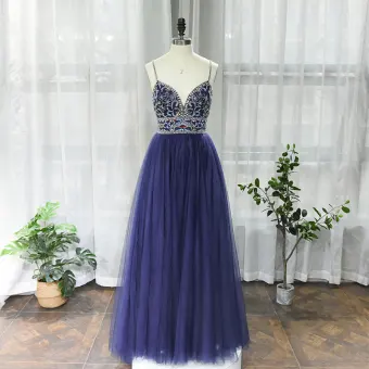 Haut De Gamme Bleu Marine Dansant Robe De Bal 2020 Princesse Bretelles Spaghetti Sans Manches Perlage Faux Diamant Longue Volants Dos Nu Robe De Ceremonie