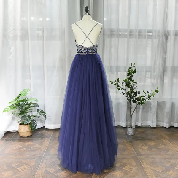 Haut de Gamme Bleu Marine Dansant Robe De Bal 2020 Princesse Bretelles Spaghetti Sans Manches Perlage Faux Diamant Longue Volants Dos Nu Robe De Ceremonie