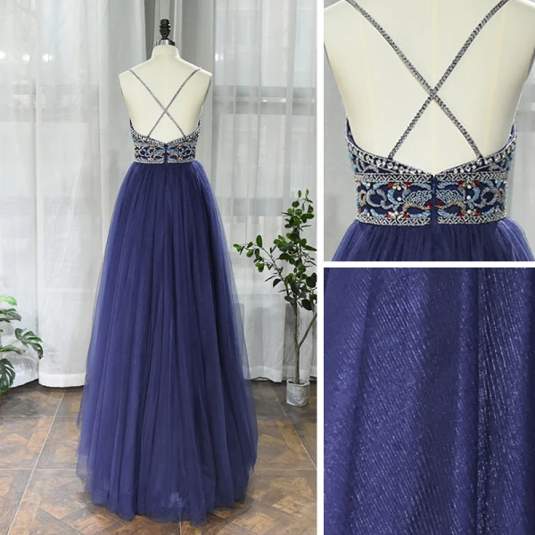 Haut de Gamme Bleu Marine Dansant Robe De Bal 2020 Princesse Bretelles Spaghetti Sans Manches Perlage Faux Diamant Longue Volants Dos Nu Robe De Ceremonie