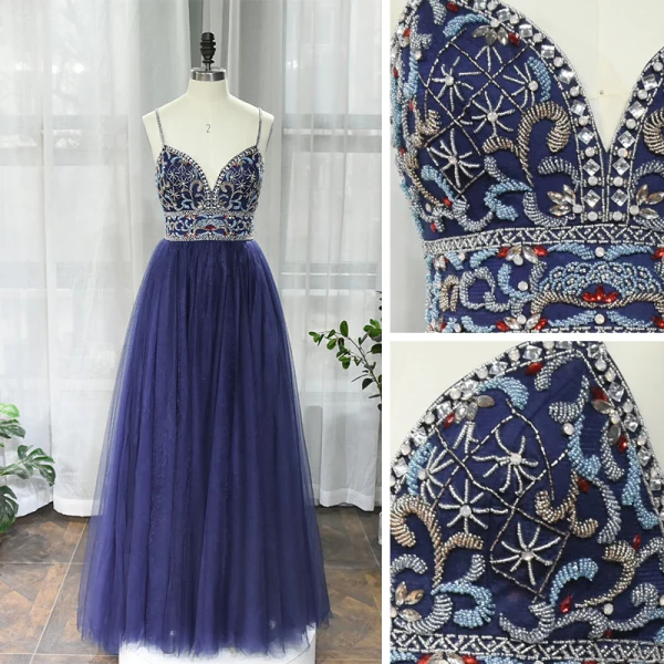 Haut de Gamme Bleu Marine Dansant Robe De Bal 2020 Princesse Bretelles Spaghetti Sans Manches Perlage Faux Diamant Longue Volants Dos Nu Robe De Ceremonie