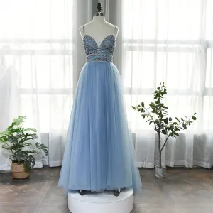 High End Hav Blå Dancing Ballkjoler 2020 Prinsesse Spaghettistropper Uten Ermer Rhinestone Beading Lange Buste Ryggløse Formelle Kjoler