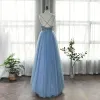 High-end Ocean Blue Dancing Prom Dresses 2020 A-Line / Princess Spaghetti Straps Sleeveless Rhinestone Beading Floor-Length / Long Ruffle Backless Formal Dresses