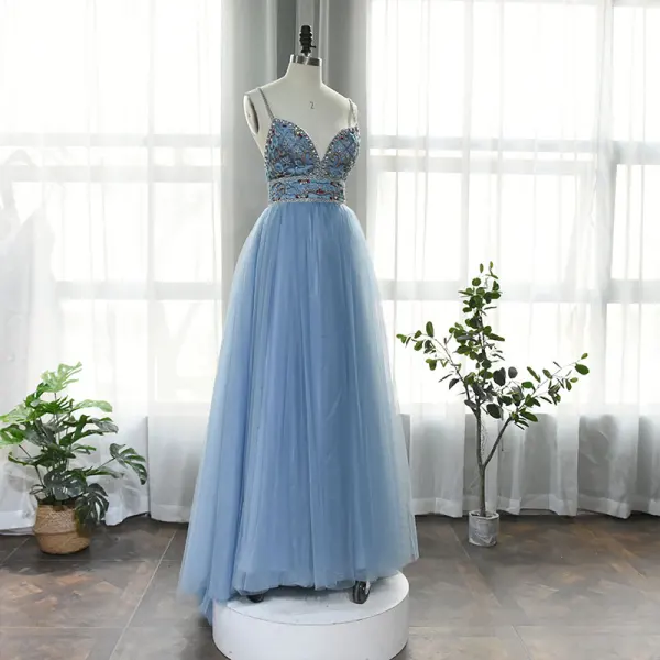 High-end Ocean Blue Dancing Prom Dresses 2020 A-Line / Princess Spaghetti Straps Sleeveless Rhinestone Beading Floor-Length / Long Ruffle Backless Formal Dresses