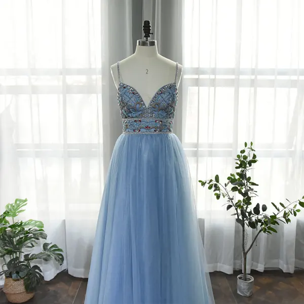 High-end Ocean Blue Dancing Prom Dresses 2020 A-Line / Princess Spaghetti Straps Sleeveless Rhinestone Beading Floor-Length / Long Ruffle Backless Formal Dresses