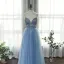 High-end Ocean Blue Dancing Prom Dresses 2020 A-Line / Princess Spaghetti Straps Sleeveless Rhinestone Beading Floor-Length / Long Ruffle Backless Formal Dresses