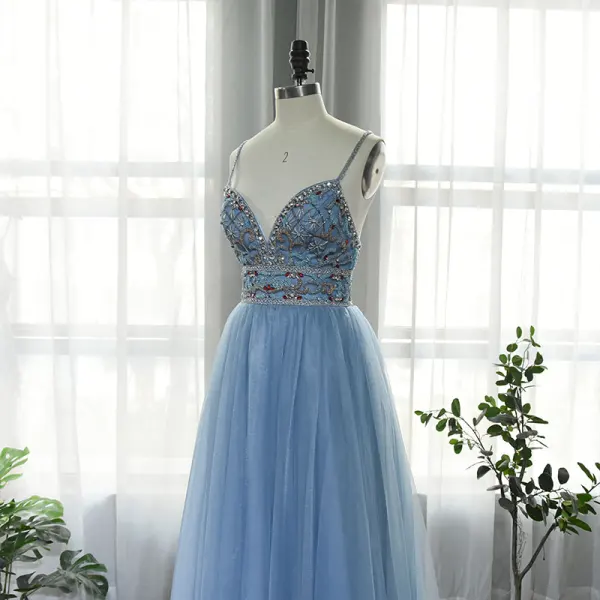 High-end Ocean Blue Dancing Prom Dresses 2020 A-Line / Princess Spaghetti Straps Sleeveless Rhinestone Beading Floor-Length / Long Ruffle Backless Formal Dresses