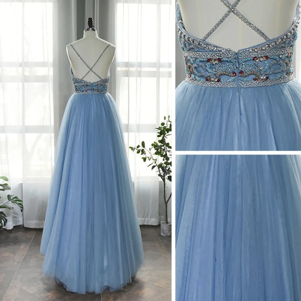 High-end Ocean Blue Dancing Prom Dresses 2020 A-Line / Princess Spaghetti Straps Sleeveless Rhinestone Beading Floor-Length / Long Ruffle Backless Formal Dresses