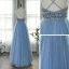 High-end Ocean Blue Dancing Prom Dresses 2020 A-Line / Princess Spaghetti Straps Sleeveless Rhinestone Beading Floor-Length / Long Ruffle Backless Formal Dresses