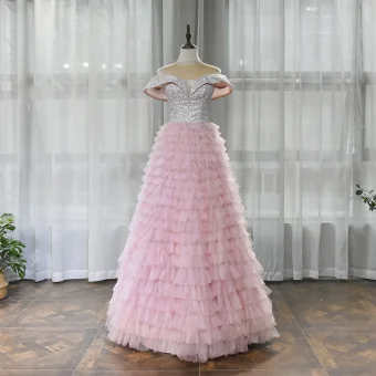 Haut De Gamme Rougissant Rose Dansant Robe De Bal 2020 Princesse De L 039 Épaule Manches Courtes Glitter Polyester Longue Volants En Cascade Dos Nu Robe De Ceremonie