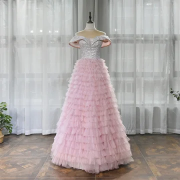 High End Blushing Pink Dancing Prom Dresses 2020 A Line Princess Off The Shoulder Short Sleeve Glitter Polyester Floor Length Long Cascading Ruffles Backless Formal Dresses