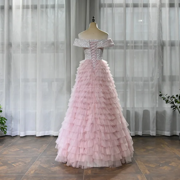 High End Rosa Tanzen Ballkleider 2020 A Linie Off Shoulder Kurze Ärmel Glanz Polyester Lange Fallende Rüsche Rückenfreies Festliche Kleider