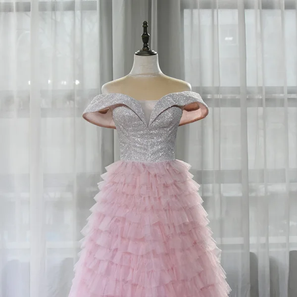 High End Rosa Tanzen Ballkleider 2020 A Linie Off Shoulder Kurze Ärmel Glanz Polyester Lange Fallende Rüsche Rückenfreies Festliche Kleider