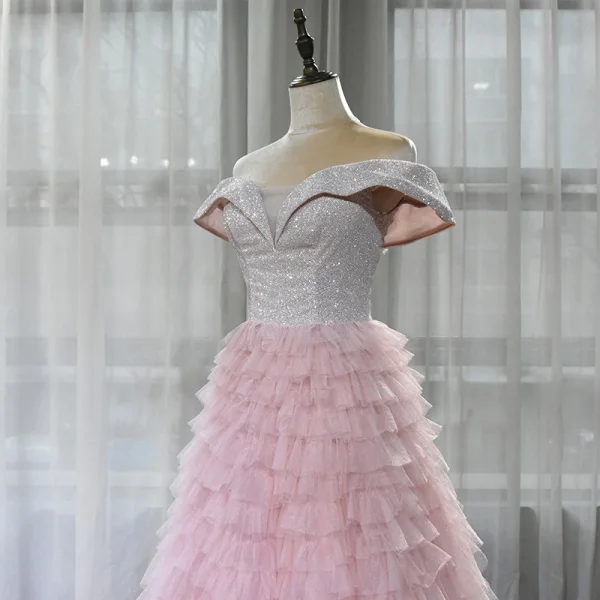 High End Rosa Tanzen Ballkleider 2020 A Linie Off Shoulder Kurze Ärmel Glanz Polyester Lange Fallende Rüsche Rückenfreies Festliche Kleider