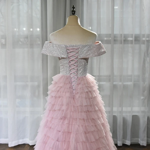 High End Rosa Tanzen Ballkleider 2020 A Linie Off Shoulder Kurze Ärmel Glanz Polyester Lange Fallende Rüsche Rückenfreies Festliche Kleider