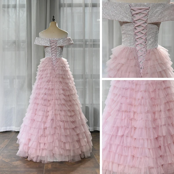 High End Rosa Tanzen Ballkleider 2020 A Linie Off Shoulder Kurze Ärmel Glanz Polyester Lange Fallende Rüsche Rückenfreies Festliche Kleider