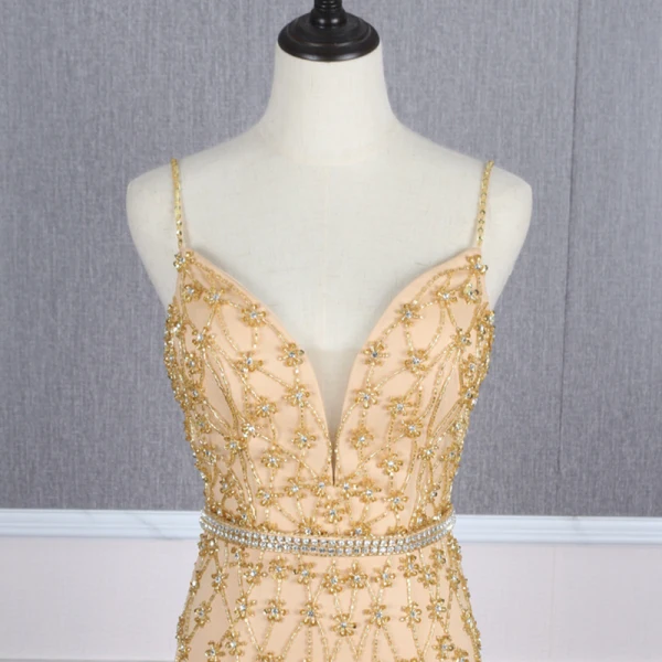 High-end Gold Red Carpet Evening Dresses  With Shawl 2020 Trumpet / Mermaid Spaghetti Straps Deep V-Neck Sleeveless Rhinestone Sash Handmade  Beading Sweep Train Ruffle Backless Formal Dresses