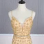 High-end Gold Red Carpet Evening Dresses  With Shawl 2020 Trumpet / Mermaid Spaghetti Straps Deep V-Neck Sleeveless Rhinestone Sash Handmade  Beading Sweep Train Ruffle Backless Formal Dresses
