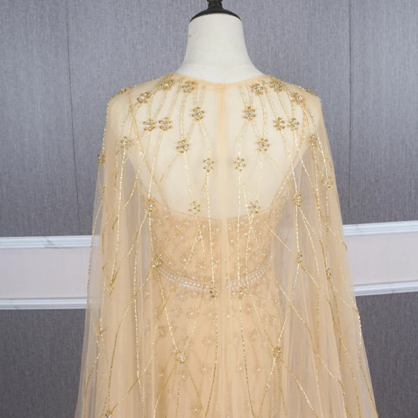 High-end Gold Red Carpet Evening Dresses  With Shawl 2020 Trumpet / Mermaid Spaghetti Straps Deep V-Neck Sleeveless Rhinestone Sash Handmade  Beading Sweep Train Ruffle Backless Formal Dresses