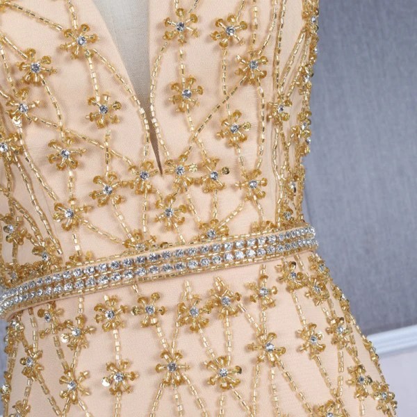 High-end Gold Red Carpet Evening Dresses  With Shawl 2020 Trumpet / Mermaid Spaghetti Straps Deep V-Neck Sleeveless Rhinestone Sash Handmade  Beading Sweep Train Ruffle Backless Formal Dresses