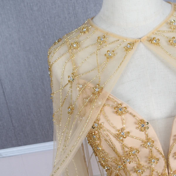 High-end Gold Red Carpet Evening Dresses  With Shawl 2020 Trumpet / Mermaid Spaghetti Straps Deep V-Neck Sleeveless Rhinestone Sash Handmade  Beading Sweep Train Ruffle Backless Formal Dresses
