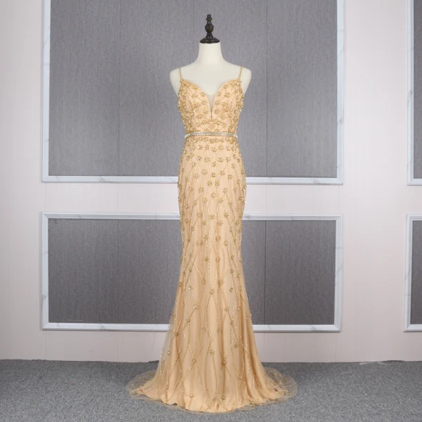 High-end Gold Red Carpet Evening Dresses  With Shawl 2020 Trumpet / Mermaid Spaghetti Straps Deep V-Neck Sleeveless Rhinestone Sash Handmade  Beading Sweep Train Ruffle Backless Formal Dresses