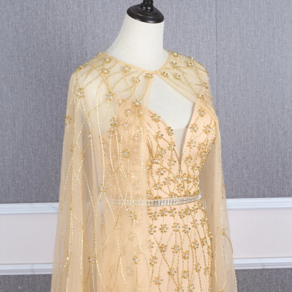 High-end Gold Red Carpet Evening Dresses  With Shawl 2020 Trumpet / Mermaid Spaghetti Straps Deep V-Neck Sleeveless Rhinestone Sash Handmade  Beading Sweep Train Ruffle Backless Formal Dresses