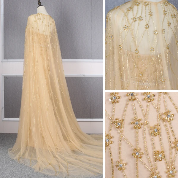 High-end Gold Red Carpet Evening Dresses  With Shawl 2020 Trumpet / Mermaid Spaghetti Straps Deep V-Neck Sleeveless Rhinestone Sash Handmade  Beading Sweep Train Ruffle Backless Formal Dresses