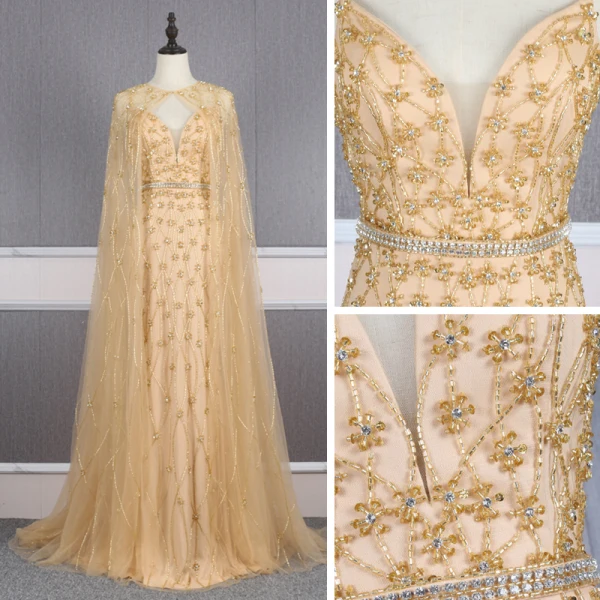 High-end Gold Red Carpet Evening Dresses  With Shawl 2020 Trumpet / Mermaid Spaghetti Straps Deep V-Neck Sleeveless Rhinestone Sash Handmade  Beading Sweep Train Ruffle Backless Formal Dresses