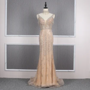 High End Gold Red Carpet Evening Dresses 2020 Trumpet Mermaid Deep V Neck Short Sleeve Beading Pearl Rhinestone Sweep Train Ruffle Backless Formal Dresses