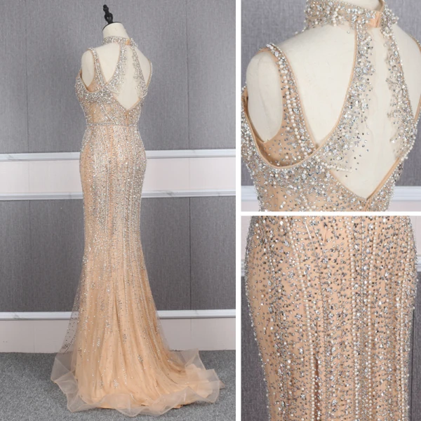 Haut de Gamme Doré Tapis rouge Robe De Soirée 2020 Trompette / Sirène Col v profond Manches Courtes Perlage Perle Faux Diamant Train De Balayage Volants Dos Nu Robe De Ceremonie