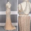 Haut de Gamme Doré Tapis rouge Robe De Soirée 2020 Trompette / Sirène Col v profond Manches Courtes Perlage Perle Faux Diamant Train De Balayage Volants Dos Nu Robe De Ceremonie