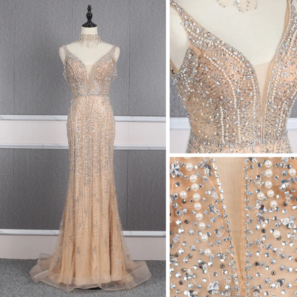 Haut de Gamme Doré Tapis rouge Robe De Soirée 2020 Trompette / Sirène Col v profond Manches Courtes Perlage Perle Faux Diamant Train De Balayage Volants Dos Nu Robe De Ceremonie