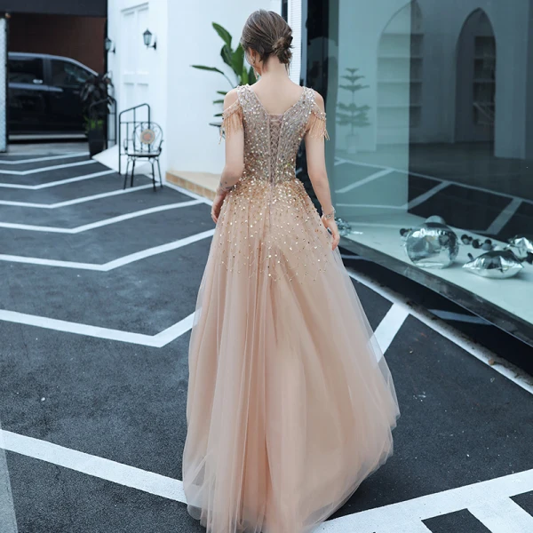 Elegant Champagne Dancing Prom Dresses 2020 A-Line / Princess See-through Deep V-Neck Short Sleeve Beading Tassel Sequins Floor-Length / Long Backless Formal Dresses