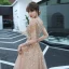 Elegant Champagne Dancing Prom Dresses 2020 A-Line / Princess See-through Deep V-Neck Short Sleeve Beading Tassel Sequins Floor-Length / Long Backless Formal Dresses
