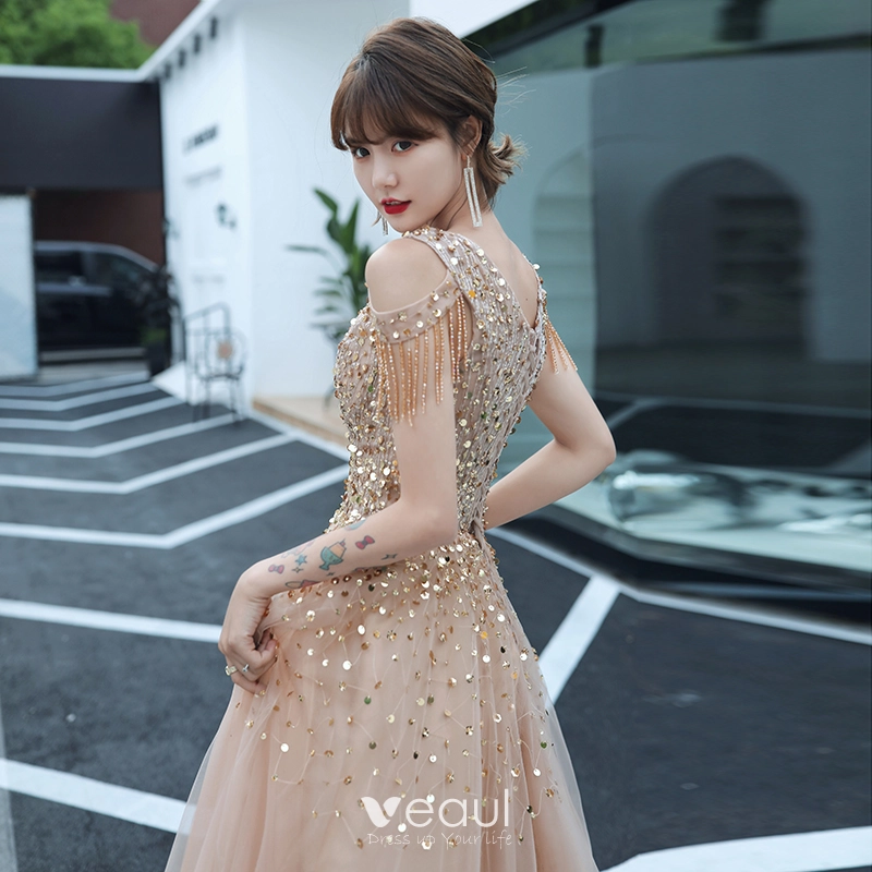 Elegant Champagne Dancing Prom Dresses 2020 A Line Princess See through Deep V Neck Short Sleeve Beading Tassel Sequins Floor Length Long Backless Formal Dresses
