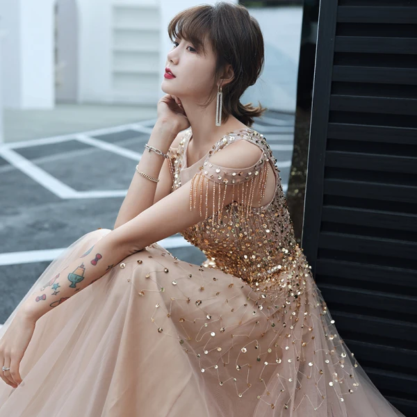 Elegant Champagne Dancing Prom Dresses 2020 A-Line / Princess See-through Deep V-Neck Short Sleeve Beading Tassel Sequins Floor-Length / Long Backless Formal Dresses