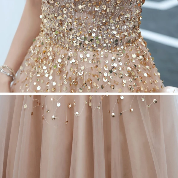 Elegant Champagne Dancing Prom Dresses 2020 A-Line / Princess See-through Deep V-Neck Short Sleeve Beading Tassel Sequins Floor-Length / Long Backless Formal Dresses