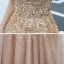 Elegant Champagne Dancing Prom Dresses 2020 A-Line / Princess See-through Deep V-Neck Short Sleeve Beading Tassel Sequins Floor-Length / Long Backless Formal Dresses