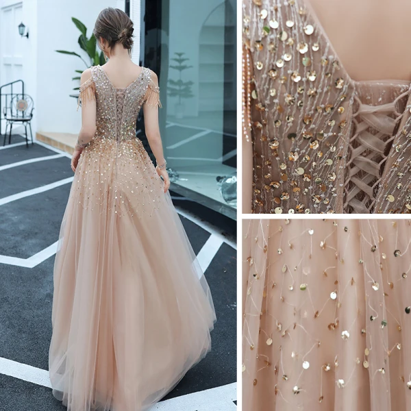 Elegant Champagne Dancing Prom Dresses 2020 A-Line / Princess See-through Deep V-Neck Short Sleeve Beading Tassel Sequins Floor-Length / Long Backless Formal Dresses