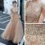 Elegant Champagne Dancing Prom Dresses 2020 A-Line / Princess See-through Deep V-Neck Short Sleeve Beading Tassel Sequins Floor-Length / Long Backless Formal Dresses