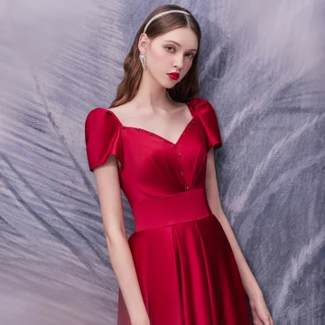 Vintage Retro Red Satin Dancing Prom Dresses 2020 A Line Princess Square Neckline Short Sleeve Beading Floor Length Long Ruffle Backless Formal Dresses